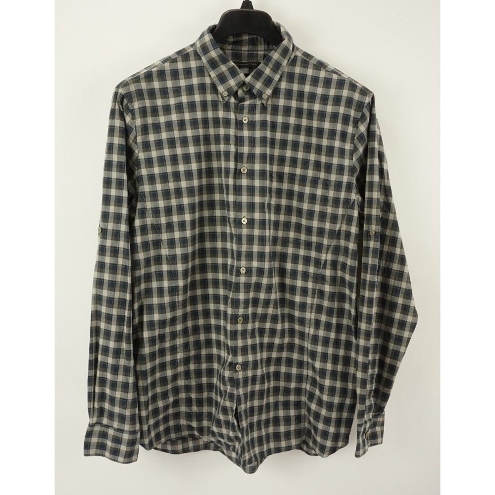 John‎ Varvatos Men's XL Long Roll Tab Sleeve Ivory Blue Plaid Button Down Shirt